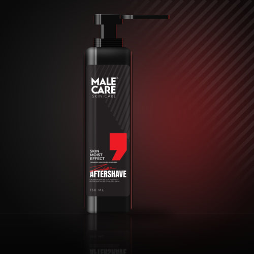 Signature Aftershave Skin Moist Effect, black pump bottle on a dark reflective surface with red accent light