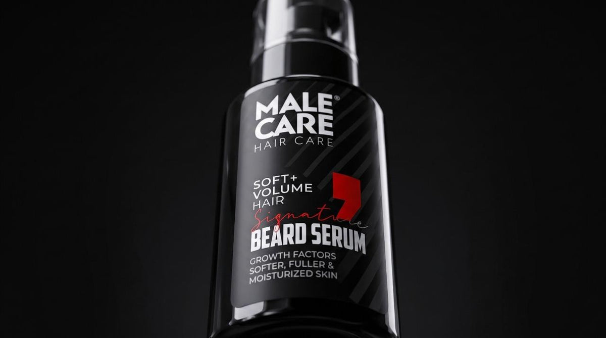 Close-up of MALE CARE Signature Beard Serum bottle