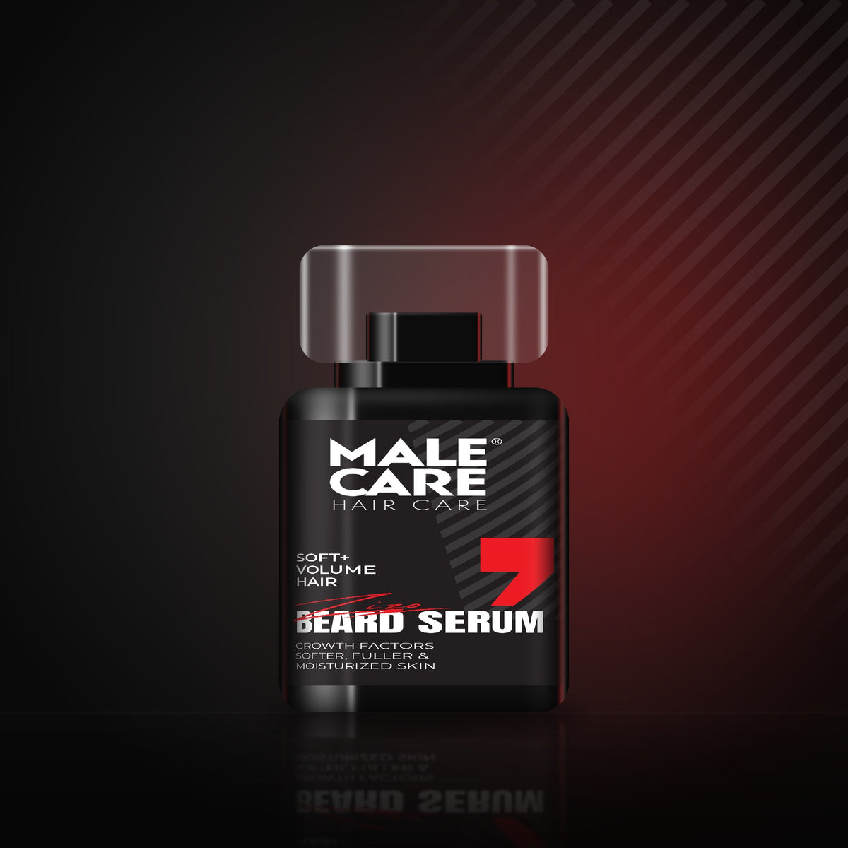 Signature Beard Serum Soft + Volume, black pump bottle with clear cap on a dark reflective surface