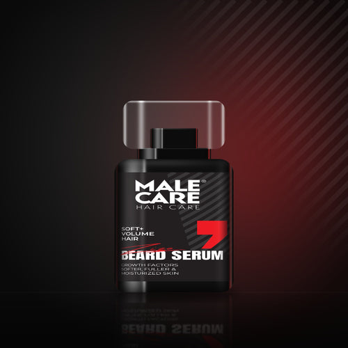 Signature Beard Serum Soft + Volume, black pump bottle with clear cap on a dark reflective surface