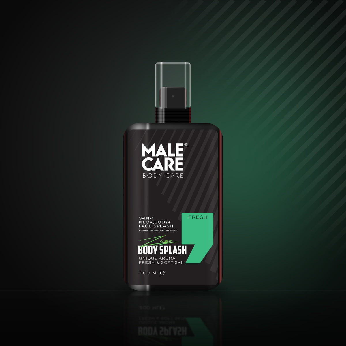 Signature 3-in-1 Body Splash in Fresh scent, black bottle with green label accent on a dark reflective surface