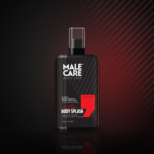 Signature 3-in-1 Body Splash in Intense scent, black bottle with red label accent on a dark reflective surface