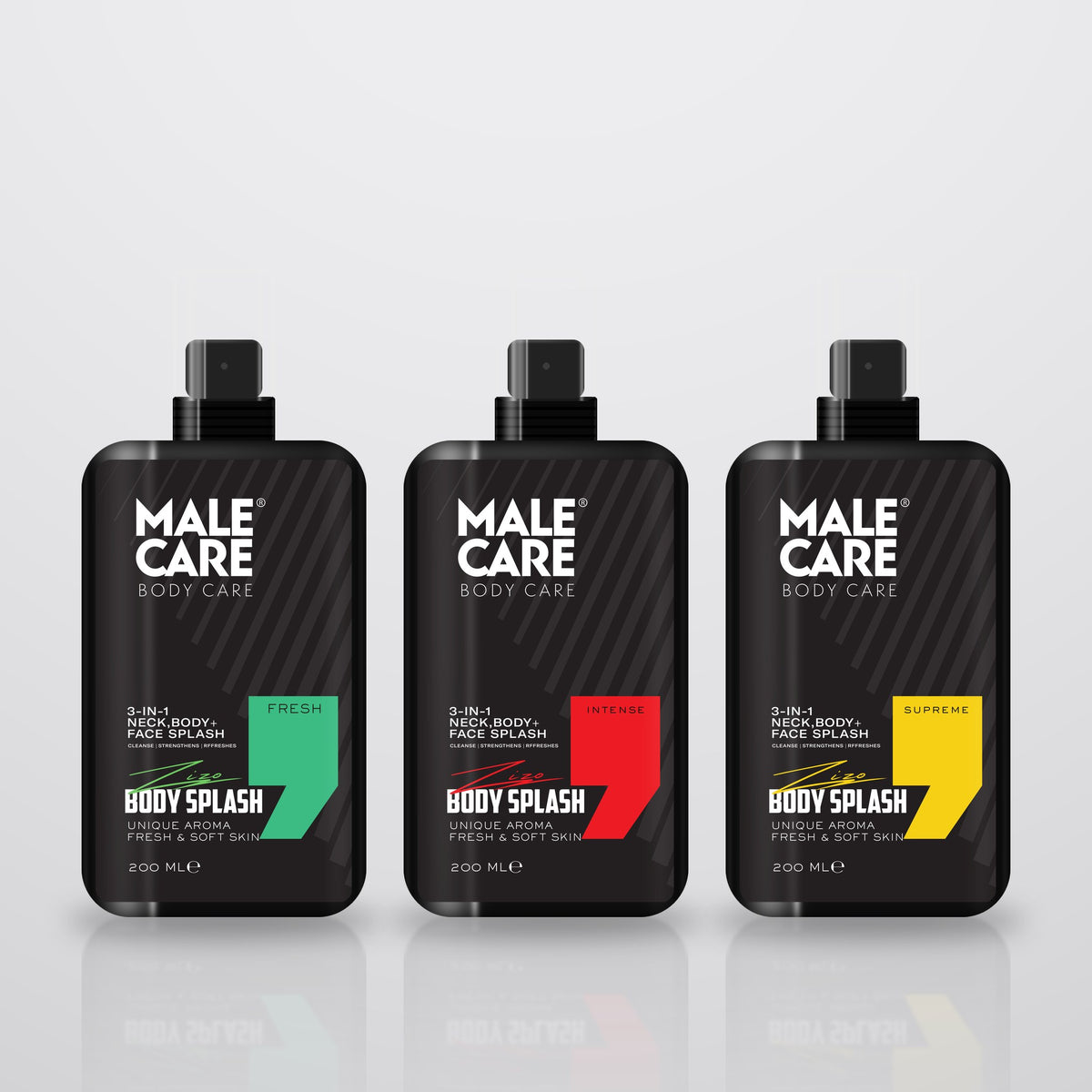 Signature 3-in-1 Body Splash in Fresh, Intense and Supreme scents on a light grey background