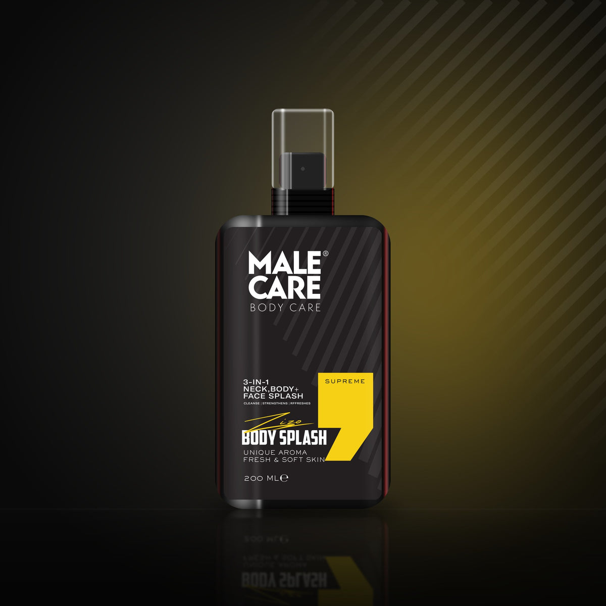 Signature 3-in-1 Body Splash in Supreme scent, black bottle with yellow label accent on a dark reflective surface