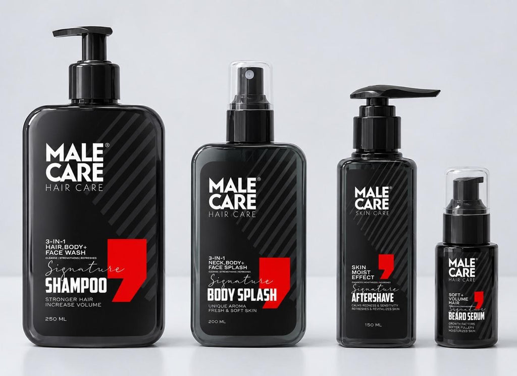 MALE CARE Signature Shampoo, Body Splash, Aftershave and Beard Serum studio lineup