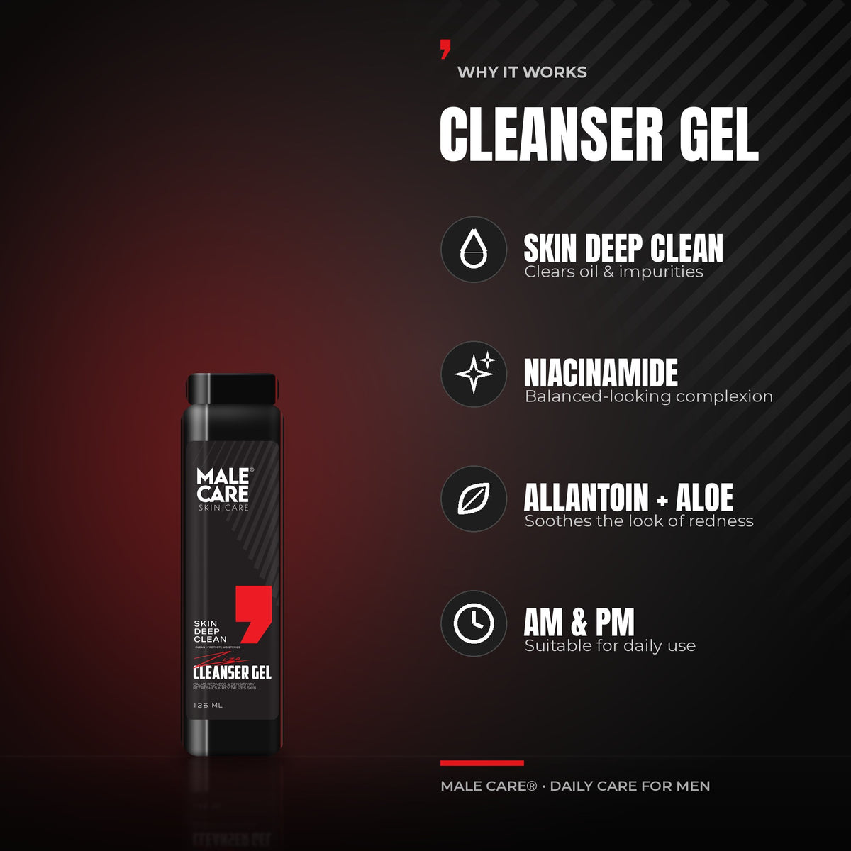 Signature Cleanser Gel key benefits: Skin Deep Clean, Niacinamide, Allantoin + Aloe, AM & PM