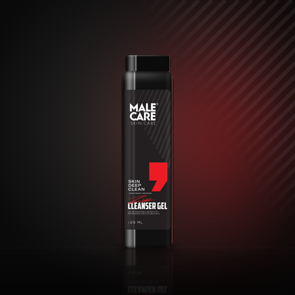 Signature Cleanser Gel, black bottle on a dark reflective surface with red accent light