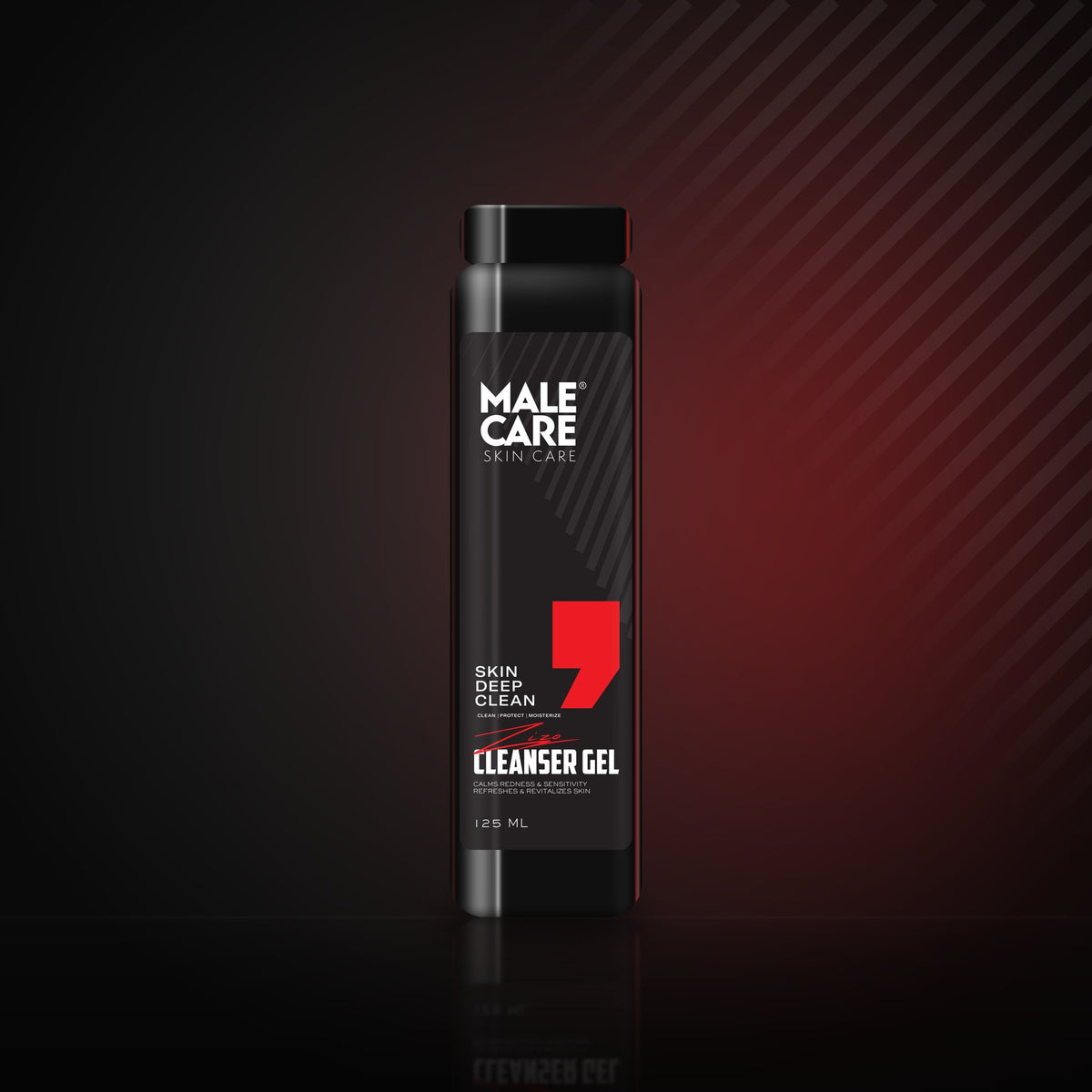 Signature Cleanser Gel, black bottle on a dark reflective surface with red accent light
