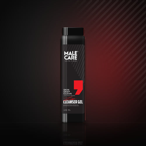 Signature Cleanser Gel, black bottle on a dark reflective surface with red accent light