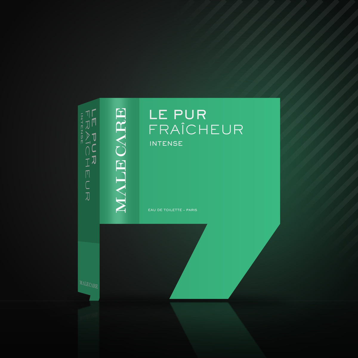 Le Pur Fraîcheur Eau de Toilette green box, MALE CARE Intense line, on a dark reflective surface