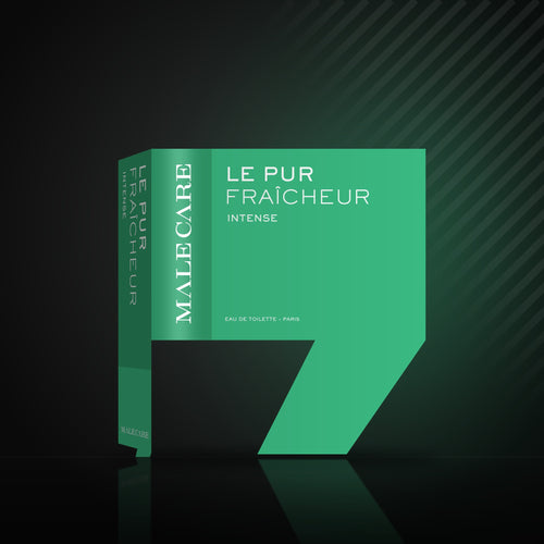 Le Pur Fraîcheur Eau de Toilette green box, MALE CARE Intense line, on a dark reflective surface