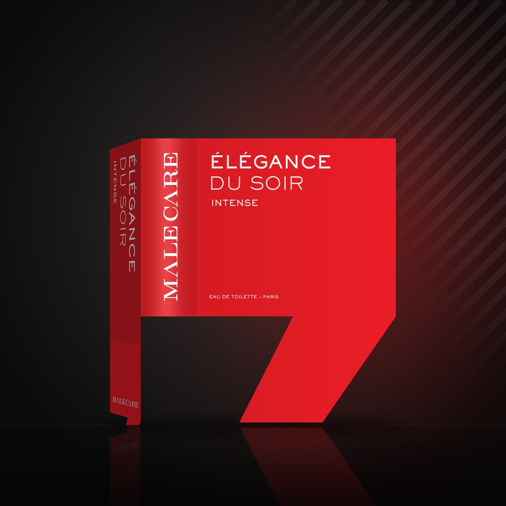 Élégance du Soir Eau de Toilette red box, MALE CARE Intense line, on a dark reflective surface