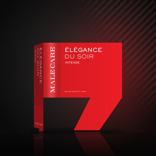 Élégance du Soir Eau de Toilette red box, MALE CARE Intense line, on a dark reflective surface