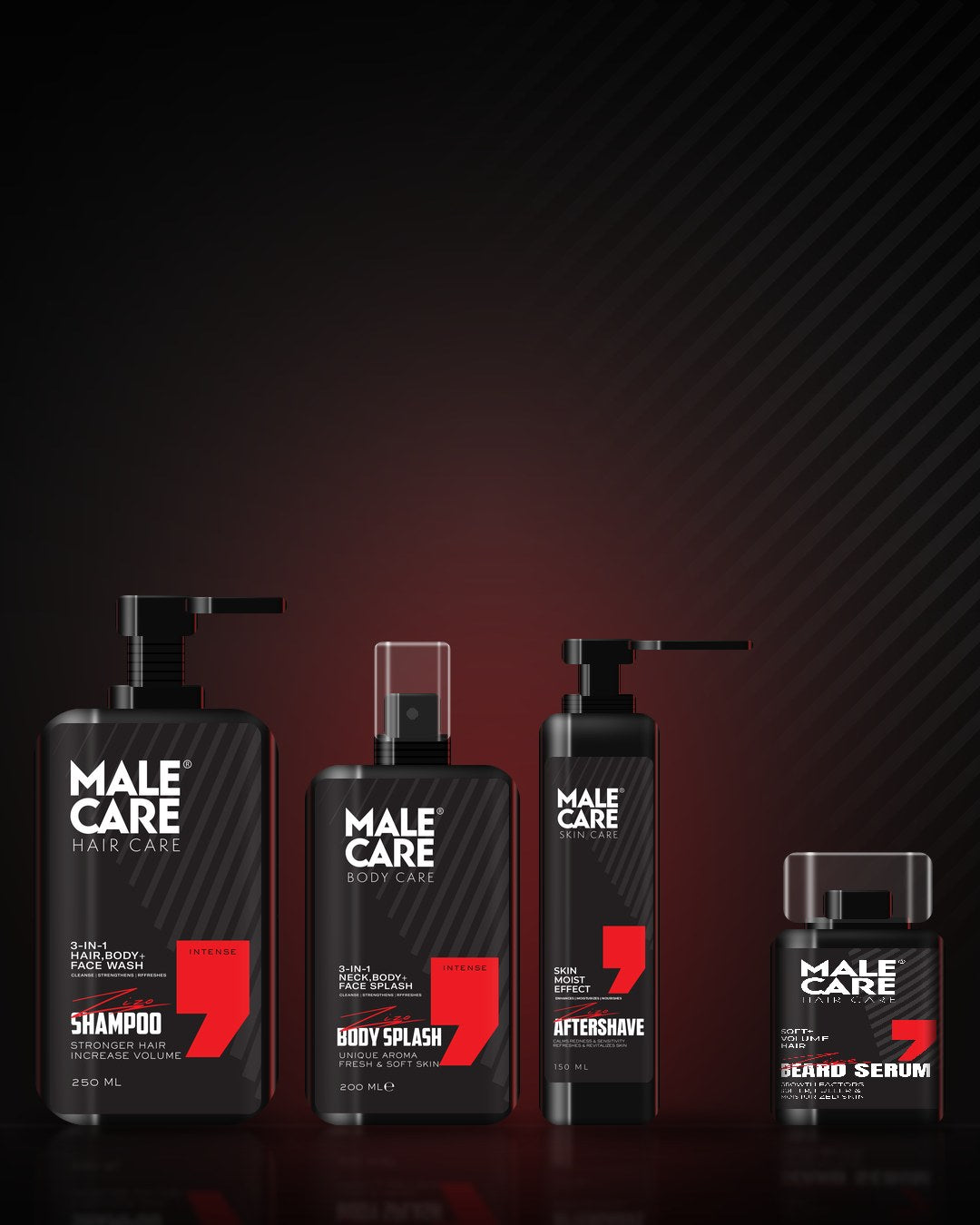 The MALE CARE Signature lineup on a dark wet surface with red light