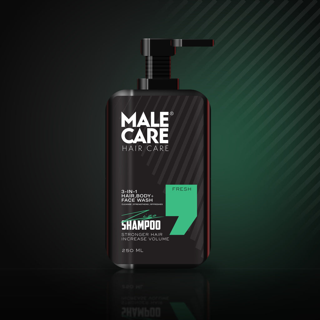 Signature 3-in-1 Shampoo in Fresh scent, black bottle with green label accent on a dark reflective surface