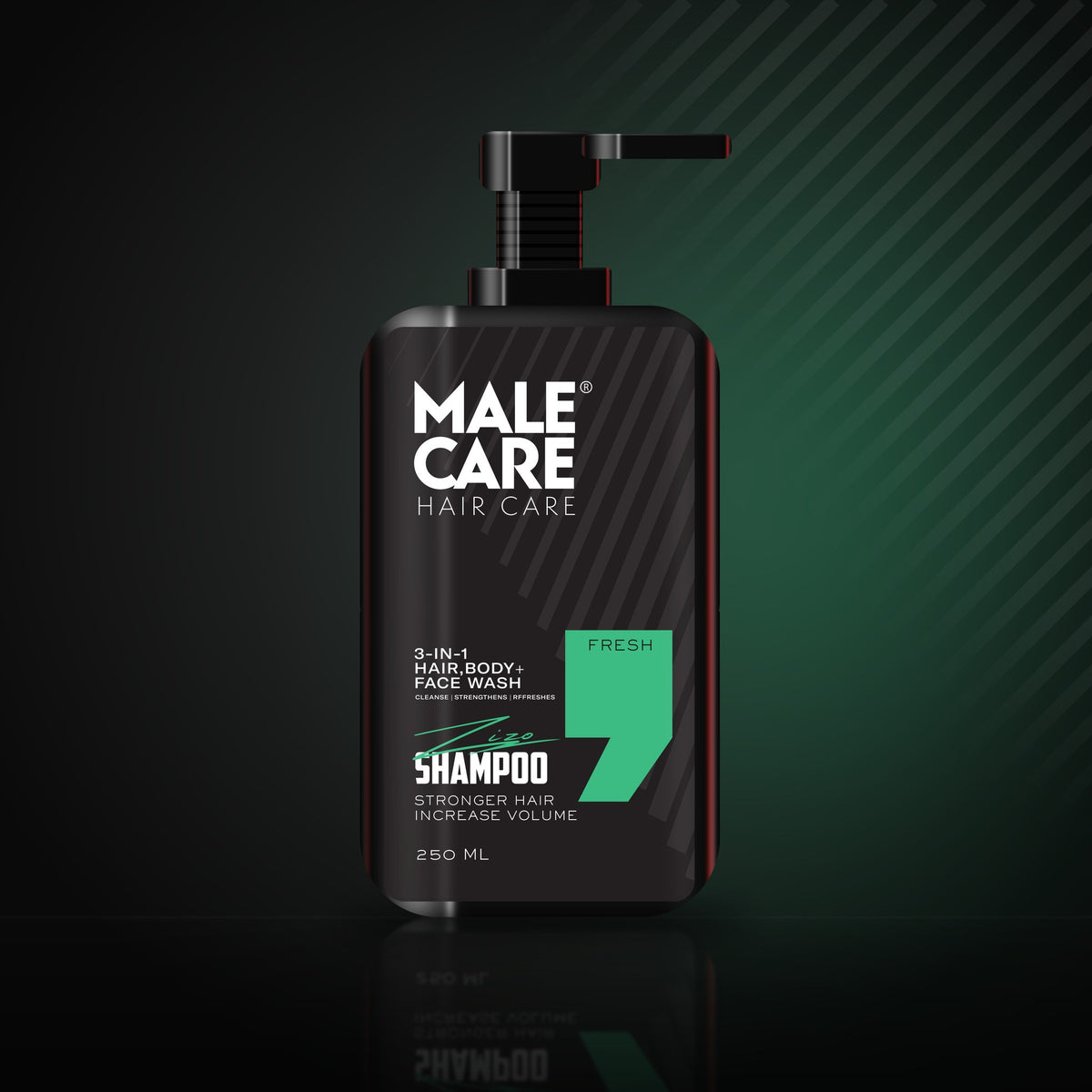 Signature 3-in-1 Shampoo in Fresh scent, black bottle with green label accent on a dark reflective surface