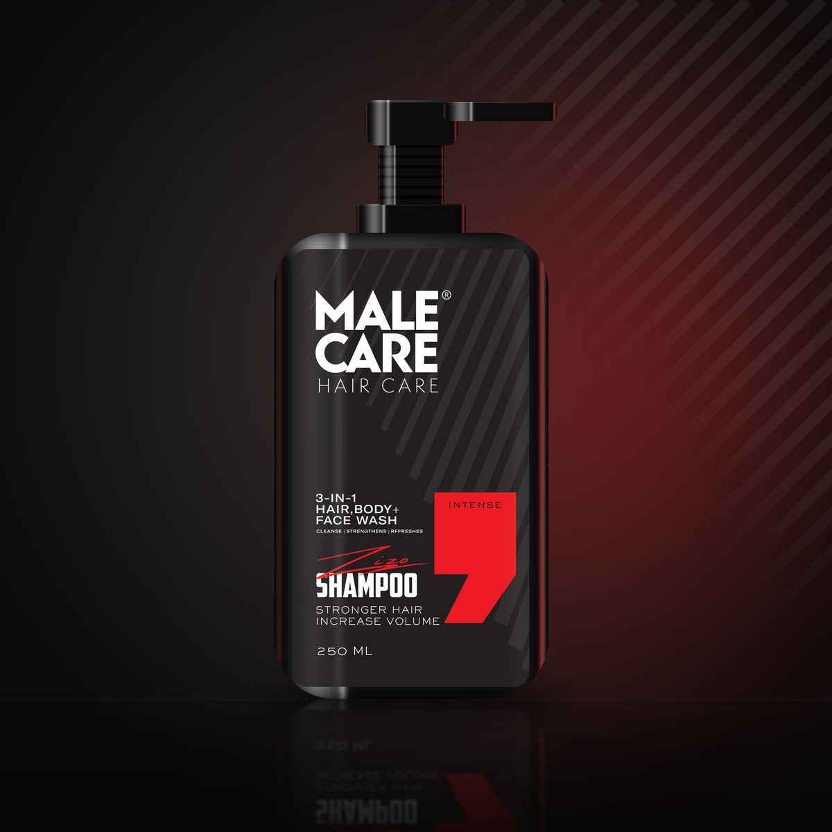 Signature 3-in-1 Shampoo in Intense scent, black bottle with red label accent on a dark reflective surface
