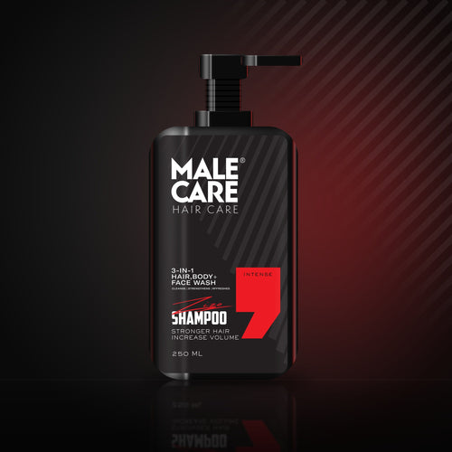 Signature 3-in-1 Shampoo in Intense scent, black bottle with red label accent on a dark reflective surface