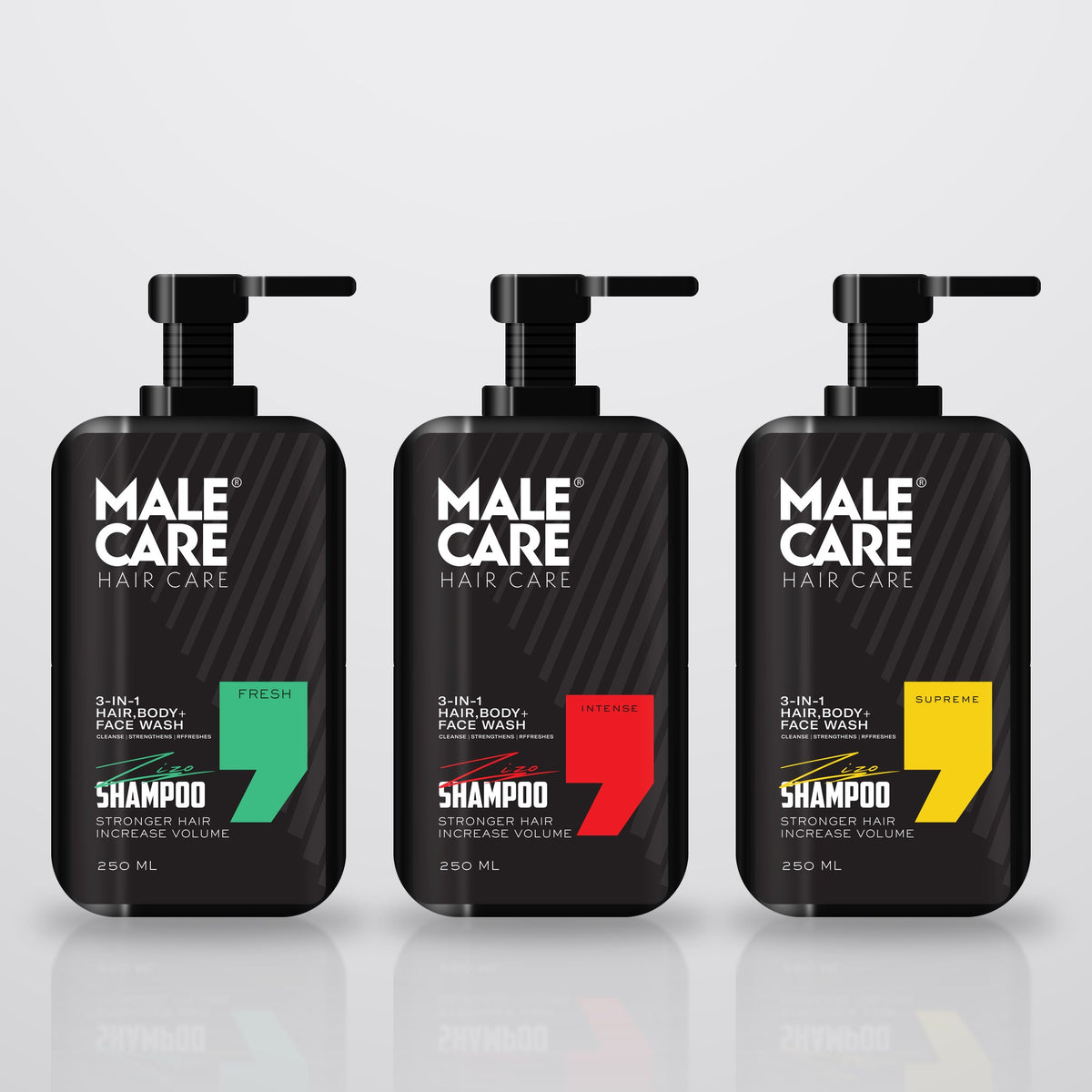 Signature 3-in-1 Shampoo in Fresh, Intense and Supreme scents on a light grey background