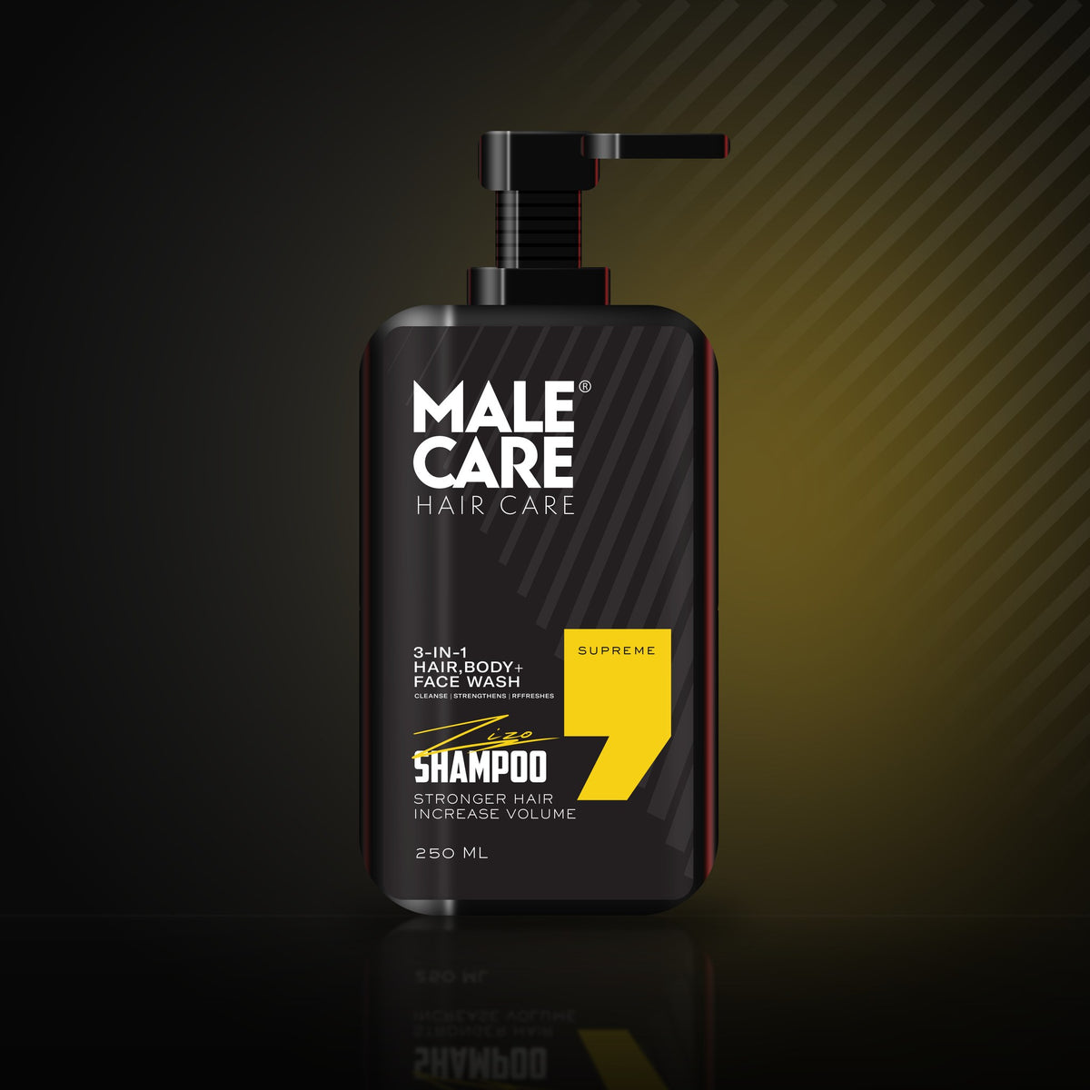 Signature 3-in-1 Shampoo in Supreme scent, black bottle with yellow label accent on a dark reflective surface