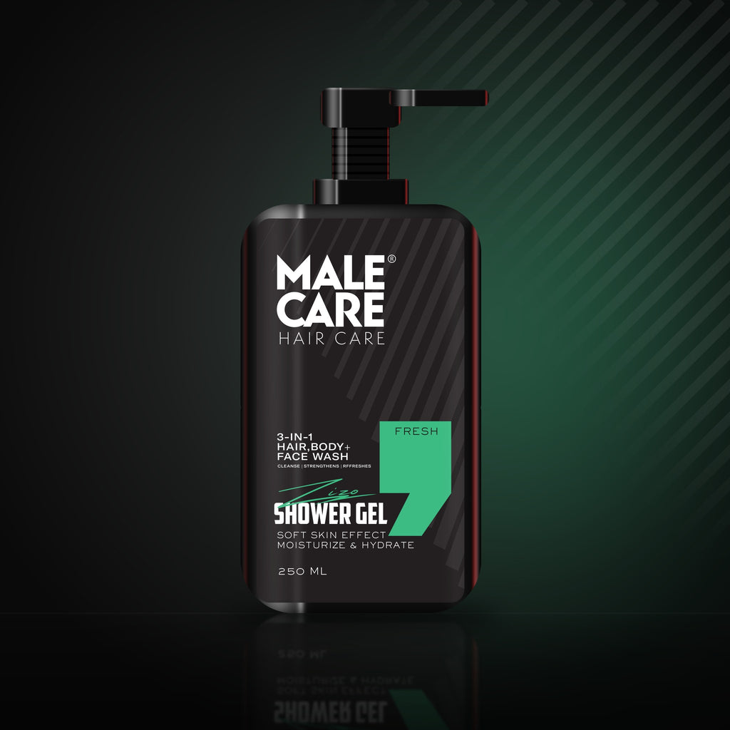 Signature Shower Gel in Fresh scent, black bottle with green label accent on a dark reflective surface