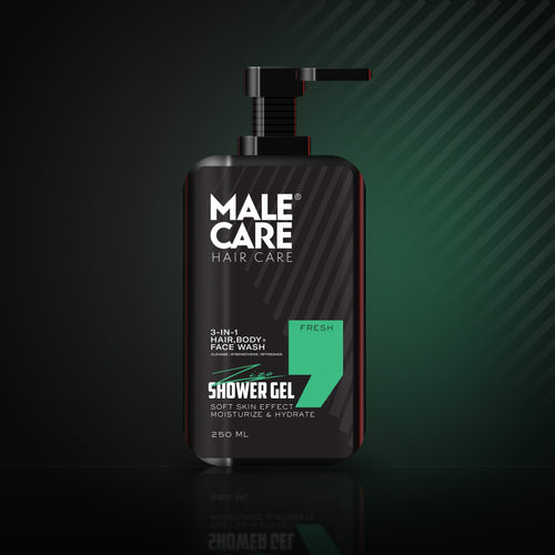 Signature Shower Gel in Fresh scent, black bottle with green label accent on a dark reflective surface
