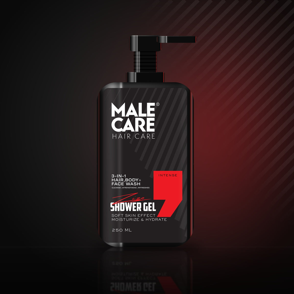 Signature Shower Gel in Intense scent, black bottle with red label accent on a dark reflective surface