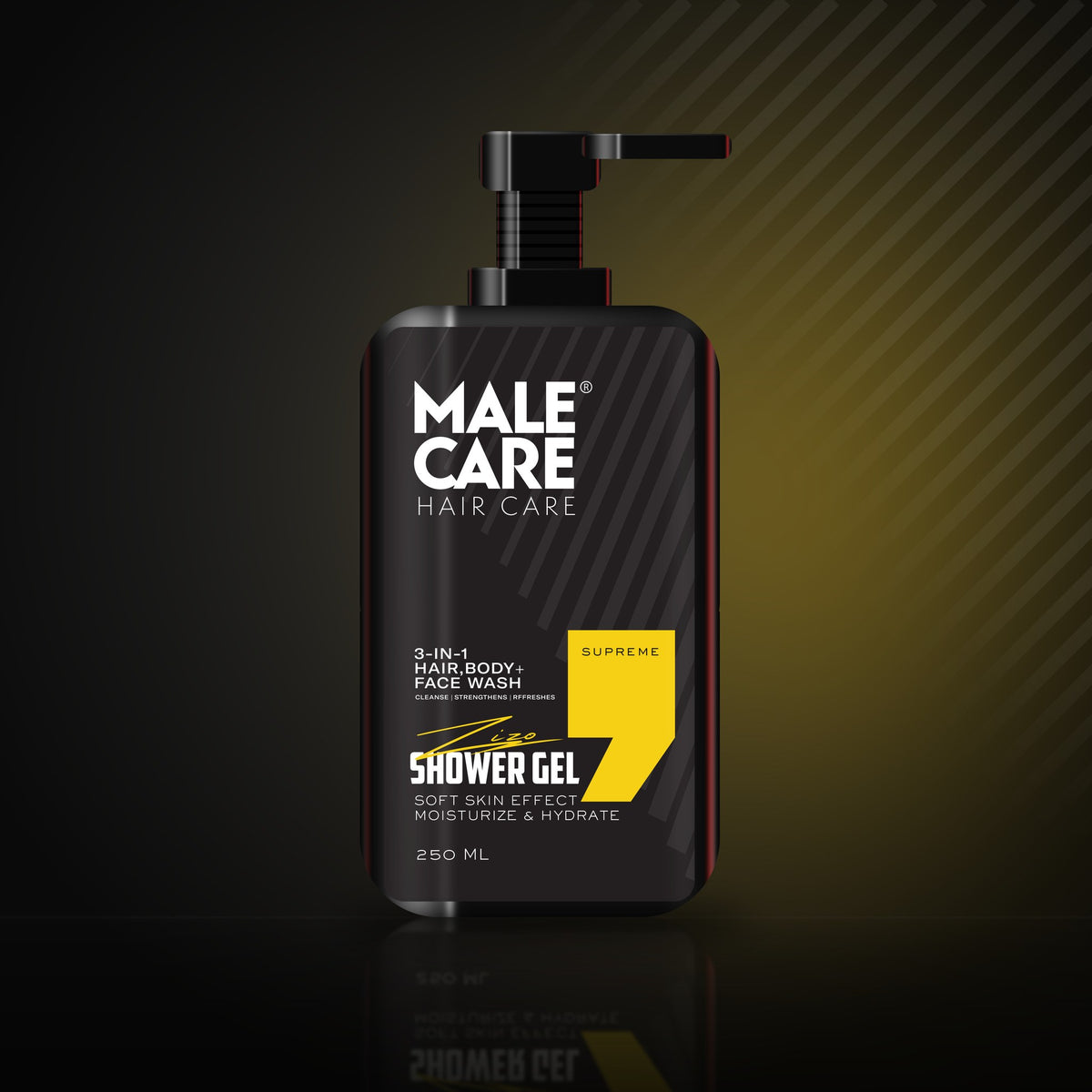 Signature Shower Gel in Supreme scent, black bottle with yellow label accent on a dark reflective surface
