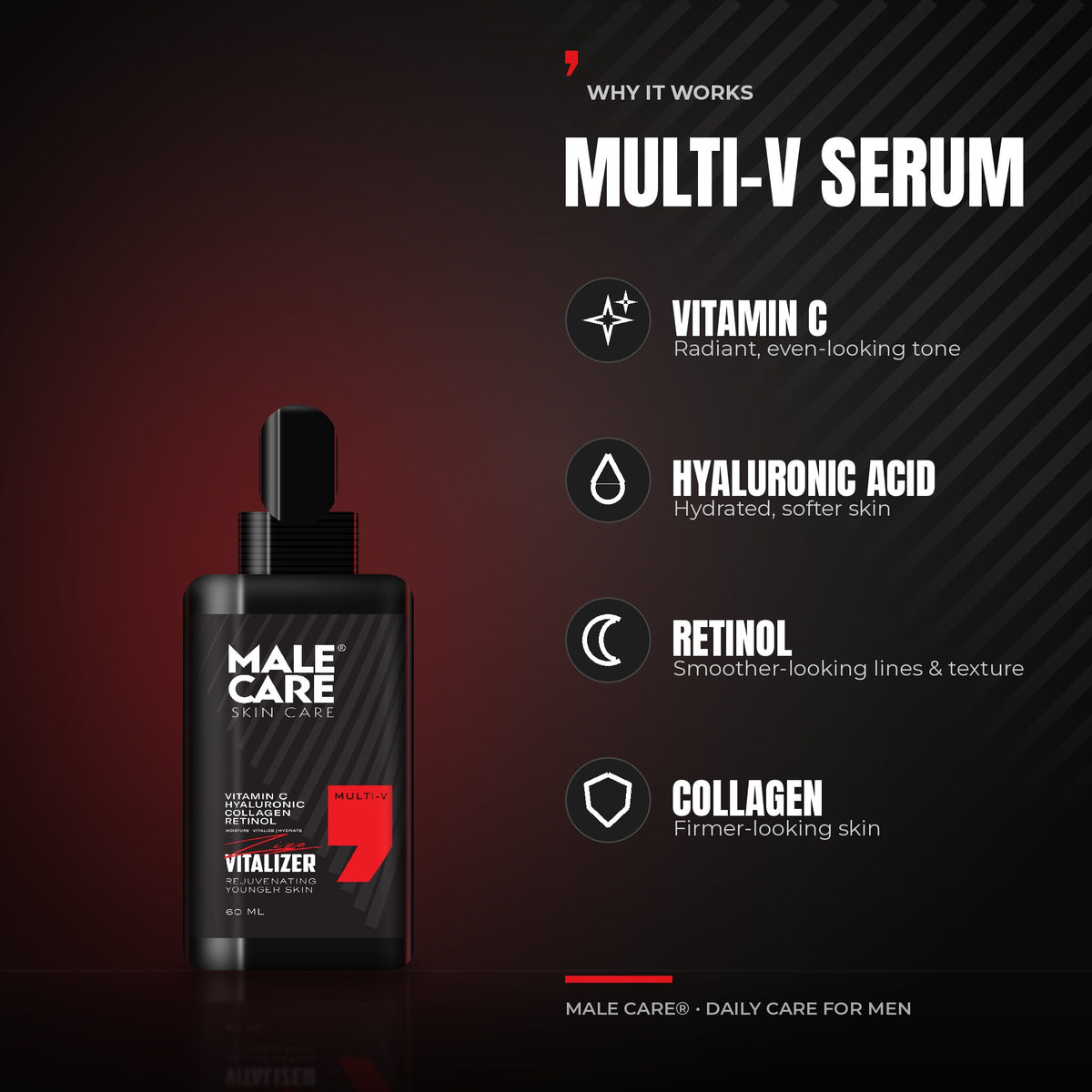 Signature Vitalizer Multi-V Face Serum key benefits: Vitamin C, Hyaluronic Acid, Retinol, Collagen