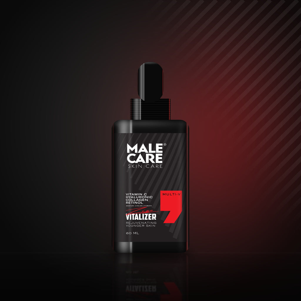 Signature Vitalizer Multi-V Face Serum, black dropper bottle on a dark reflective surface with red accent light